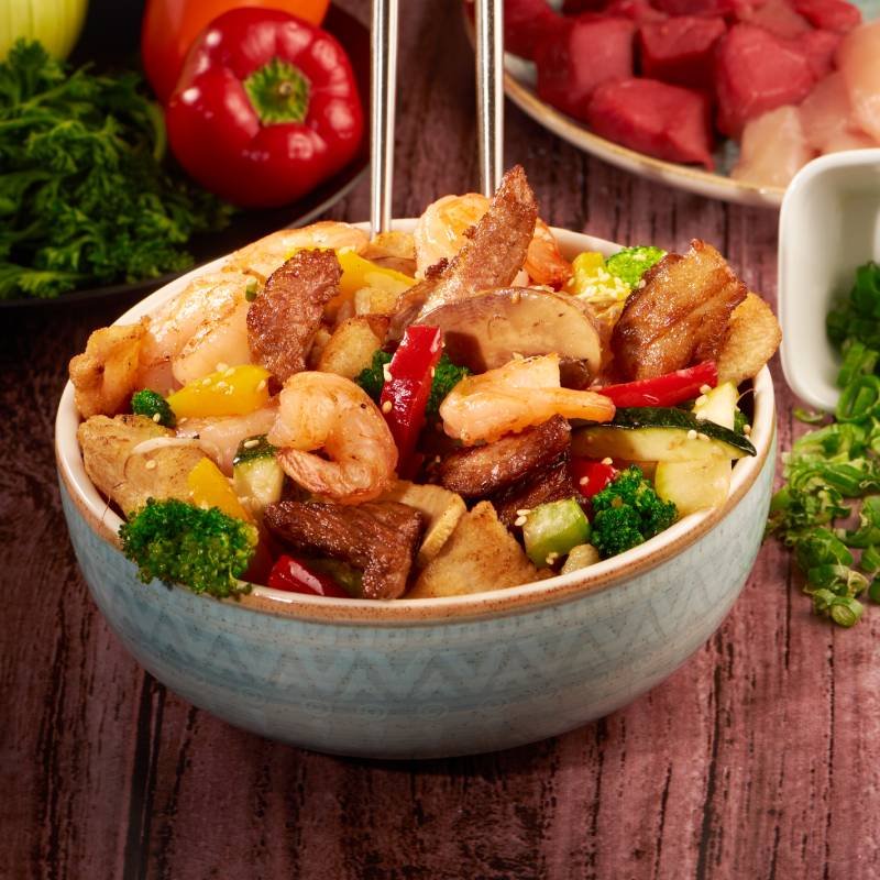 chop suey camaron, pollo cerdo